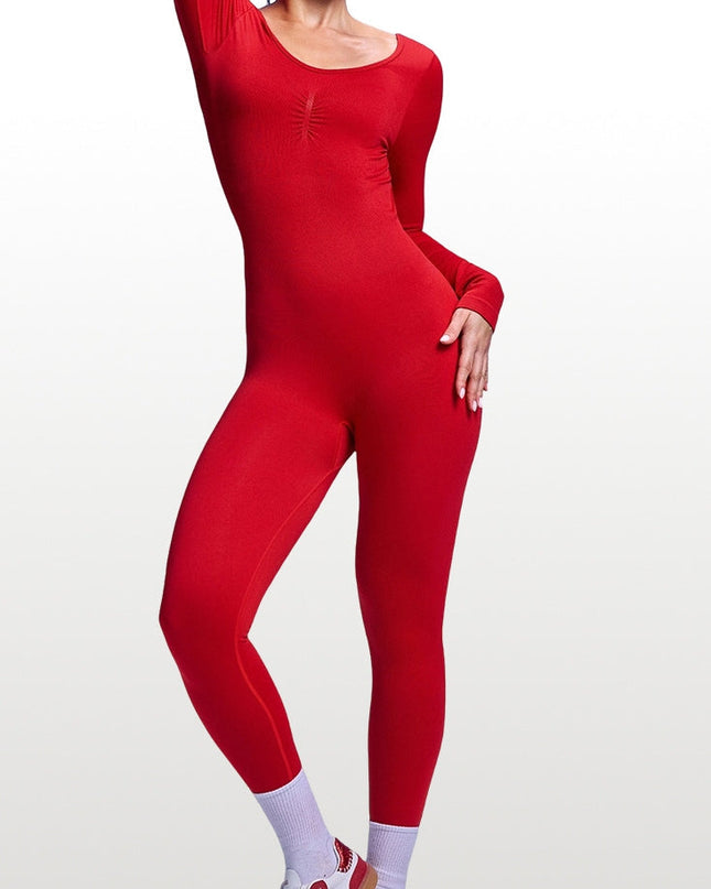 ZASUWA Female Red Backless Ribbed Deep V Back Long Sleeves Jumpsuit