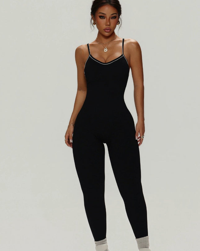 ZASUWA Female Sexy Cross Back Contrast Color Elastic Tight Quick Dry Jumpsuit