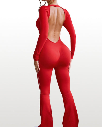 ZASUWA Female Backless Ribbed Scrunch Bum Long Sleeves Flared Jumpsuit