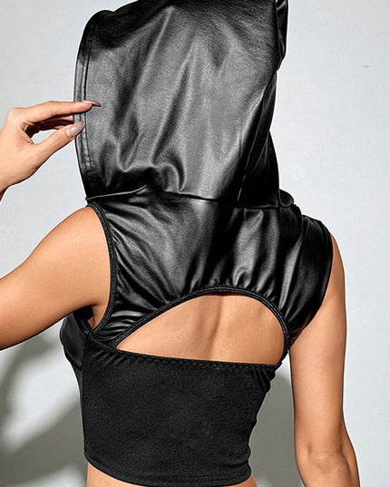 ZASUWA Female Sexy PU Hollow Out Hooded Vests