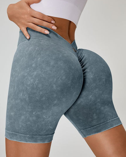 ZASUWA Female Deep V Back Faux Denim Scrunch Bum Spandex Gym Booty Shorts