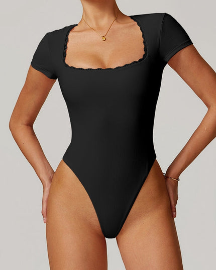 ZASUWA Female Sexy Ribbed Lace Edge Bodysuit