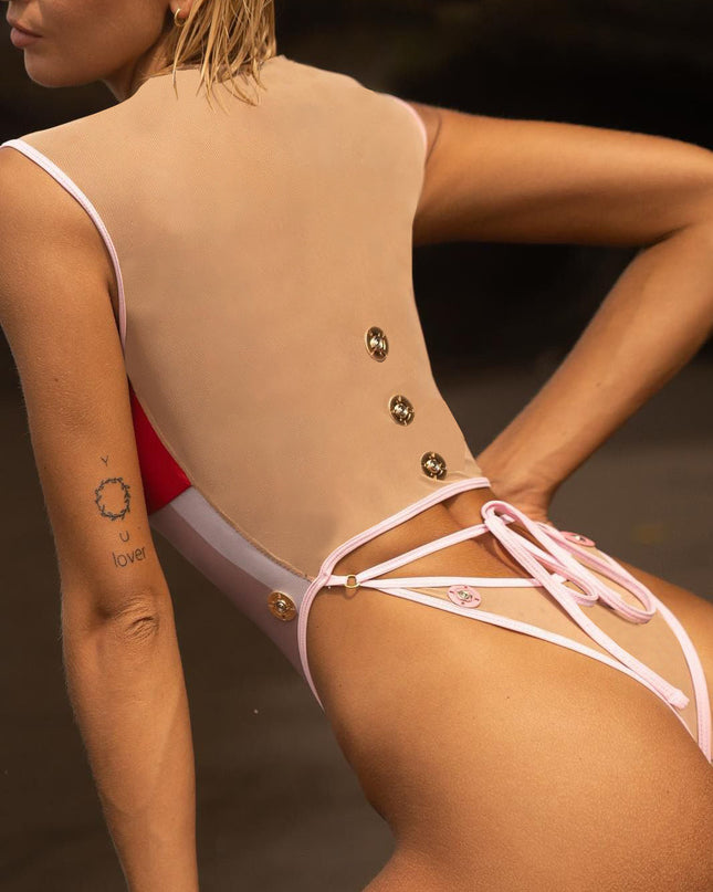 ❤ZASUWA Female Contrast Color Mesh Buttons Print Lace-up Hollow Out One Piece