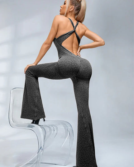 ZASUWA Female Sexy Leopard Print Hollow Out Cross Back Deep V Back Jumpsuit