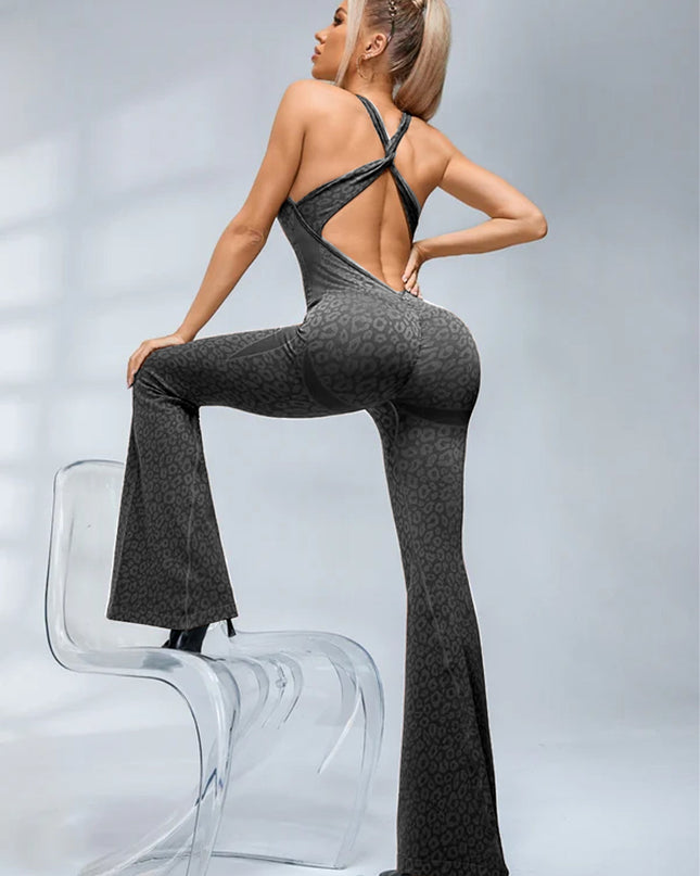 ZASUWA Female Sexy Leopard Print Hollow Out Cross Back Deep V Back Jumpsuit
