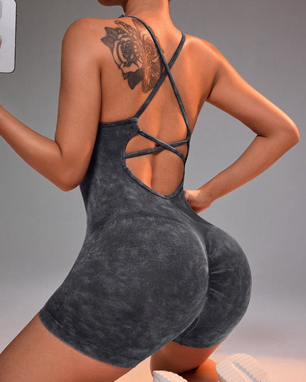 ZASUWA Female Imitation Denim Frosted Nude Sensation Cross Back Hollow Out Romper