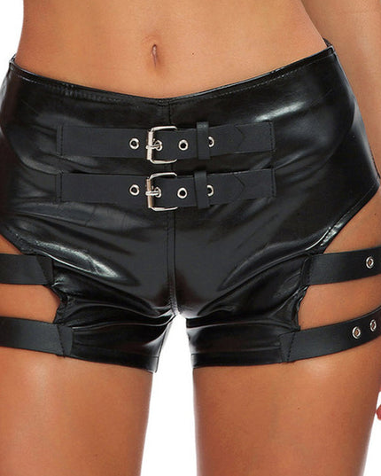 ZASUWA Female Sexy Faux Leather Hollow Out with Metal Booty Shorts