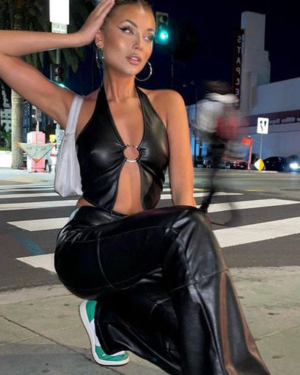 ZASUWA Female Halter Faux Leather Backless with Metal Ring Hollow Out Corset Tank
