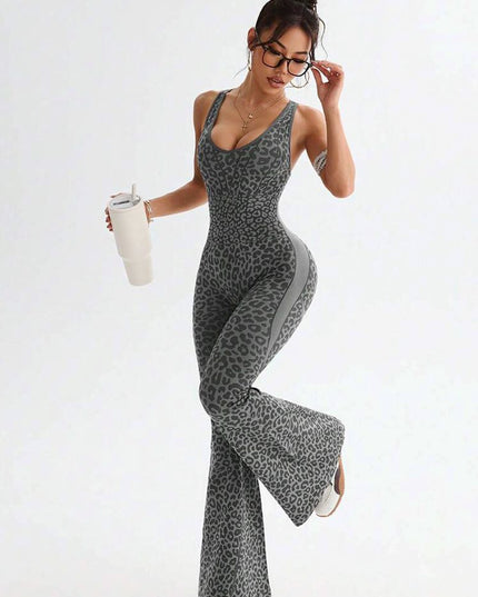 ZASUWA Female Sexy Leopard Print Hollow Out Cross Back Deep V Back Jumpsuit