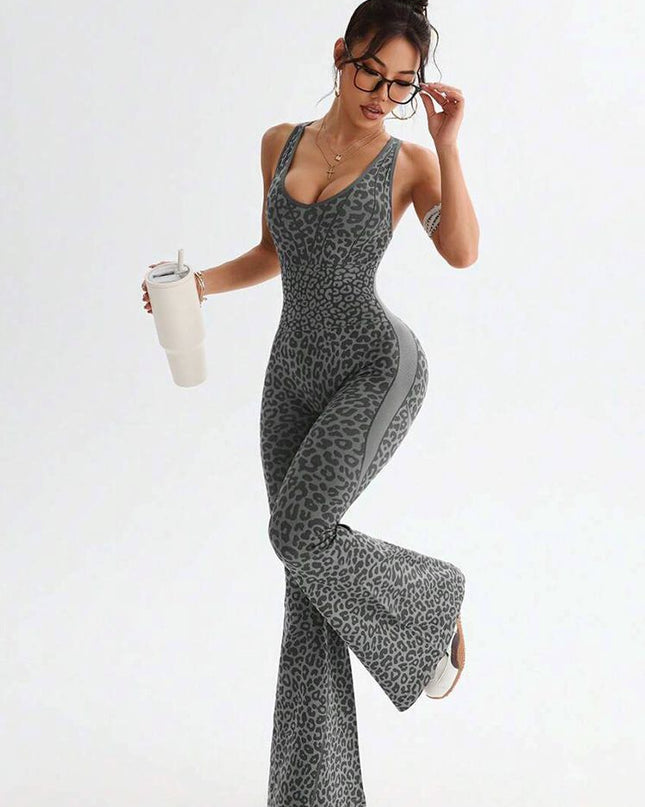 ZASUWA Female Sexy Leopard Print Hollow Out Cross Back Deep V Back Jumpsuit