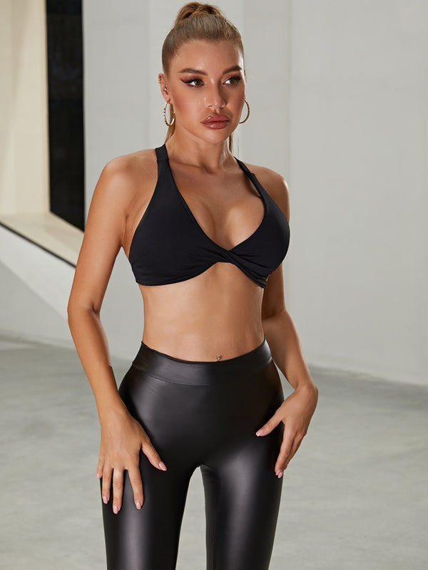 ❤ZASUWA Female Faux Leather Deep V Back Scrunch Bum Leggings