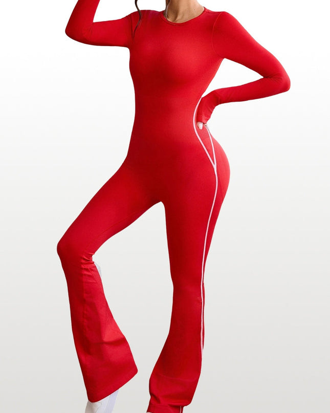 ZASUWA Female Backless Ribbed Scrunch Bum Long Sleeves Flared Jumpsuit