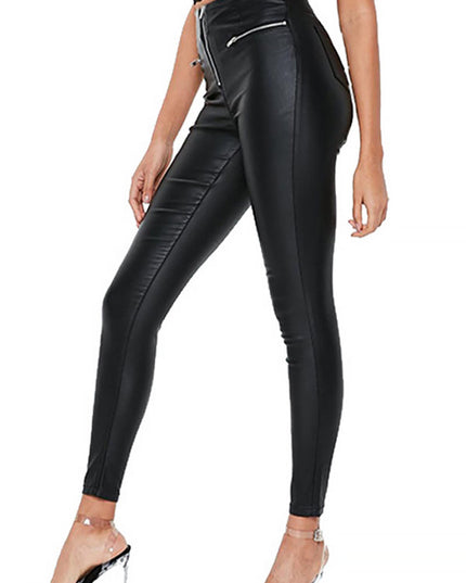 ZASUWA Female PU Faux Leather Zipper Hip-lift Elastic Tight Leggings