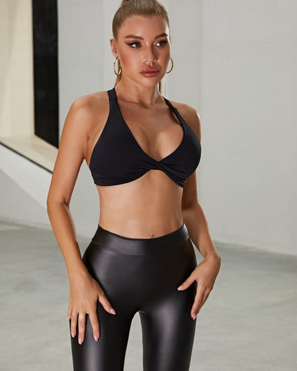 ❤ZASUWA Female Faux Leather Deep V Back Scrunch Bum Twist Cross Back Tracksuit