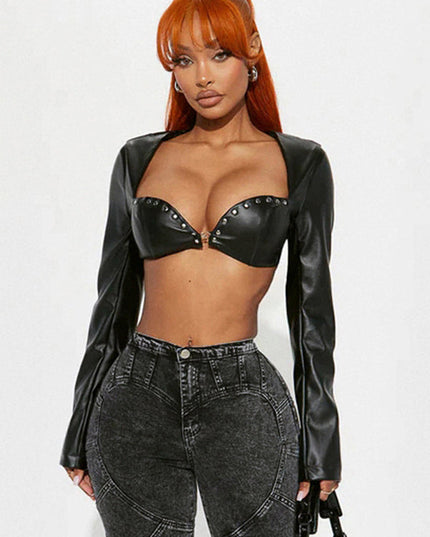 ZASUWA Female Rivet Sexy Glossy Faux Leather Crop Top Long Sleeves