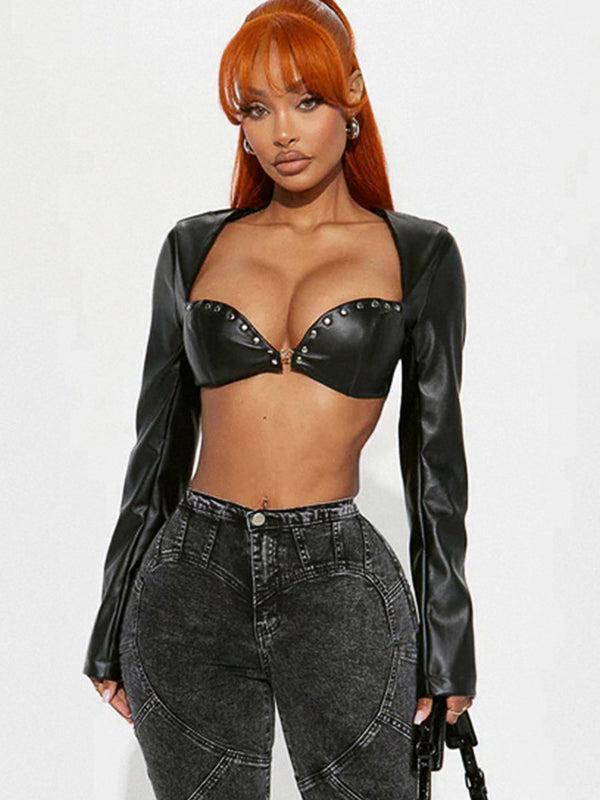 ZASUWA Female Rivet Sexy Glossy Faux Leather Crop Top Long Sleeves