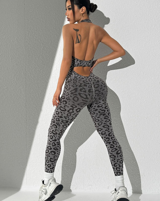 ZASUWA Female Sexy Fashion Leopard Print Hollow Out Backless Jumpsuit
