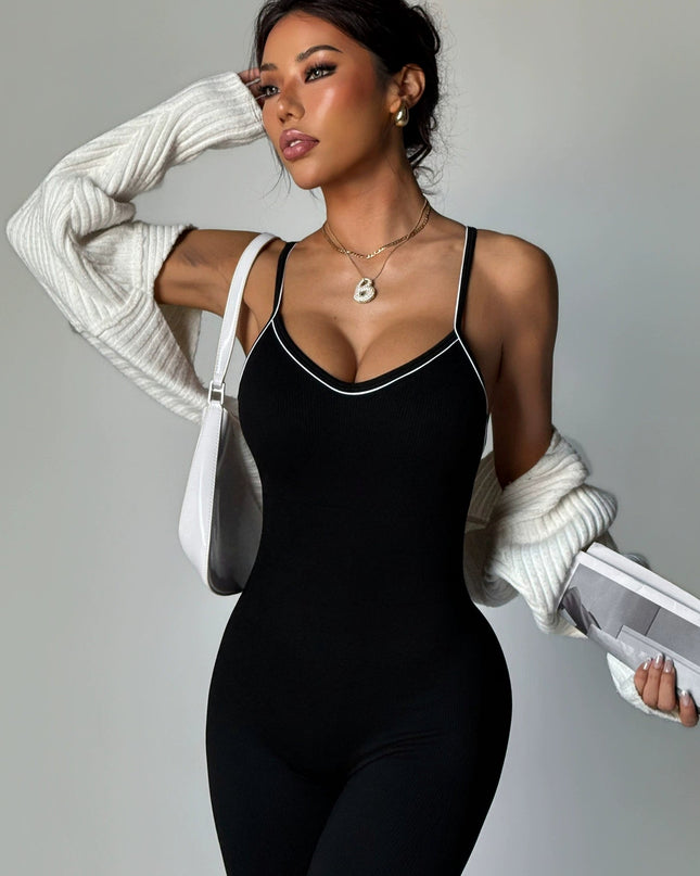 ZASUWA Female Sexy Cross Back Contrast Color Elastic Tight Quick Dry Jumpsuit