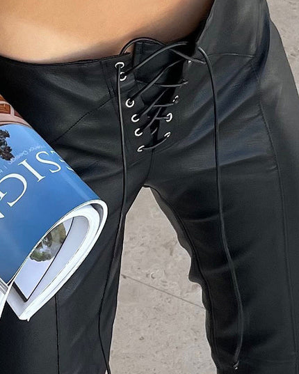 ZASUWA Female Sexy Faux Leather Push Up Design Lace-up Split Leggings