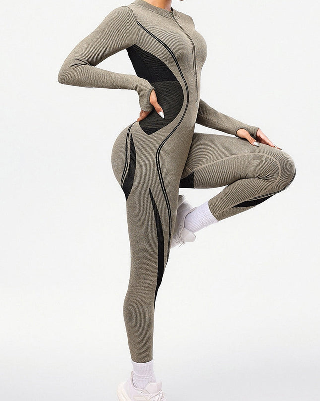 ZASUWA Female Contrast Color Stand Up Collar Zipper Elastic Tight Jumpsuit