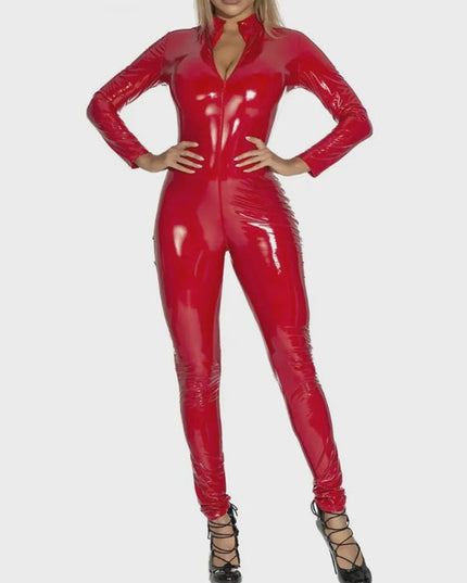 ZASUWA Female Zipper Glossy PU Faux Leather Jumpsuit
