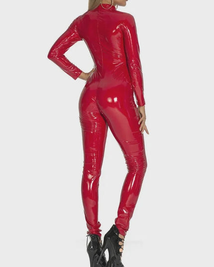 ZASUWA Female Zipper Glossy PU Faux Leather Jumpsuit