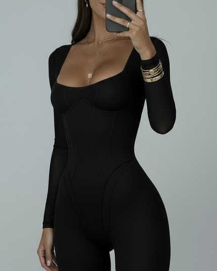 ❤ZASUWA Female Trendy Long-Sleeve Low-Cut Sexy Slim Stretch Jumpsuits