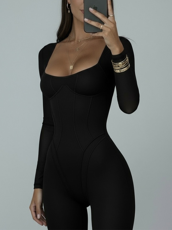 ❤ZASUWA Female Trendy Long-Sleeve Low-Cut Sexy Slim Stretch Jumpsuits