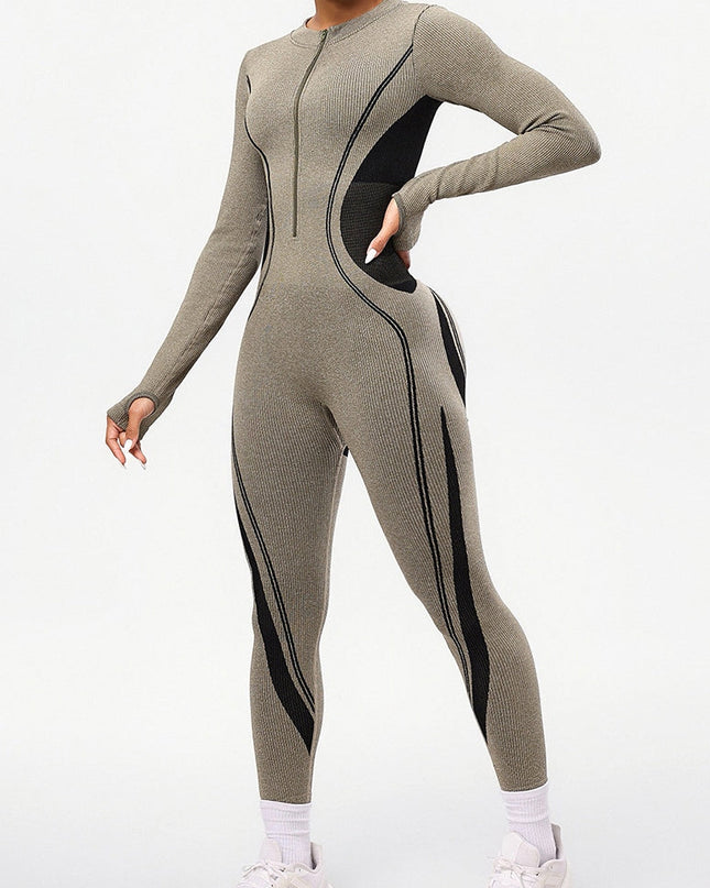 ZASUWA Female Contrast Color Stand Up Collar Zipper Elastic Tight Jumpsuit