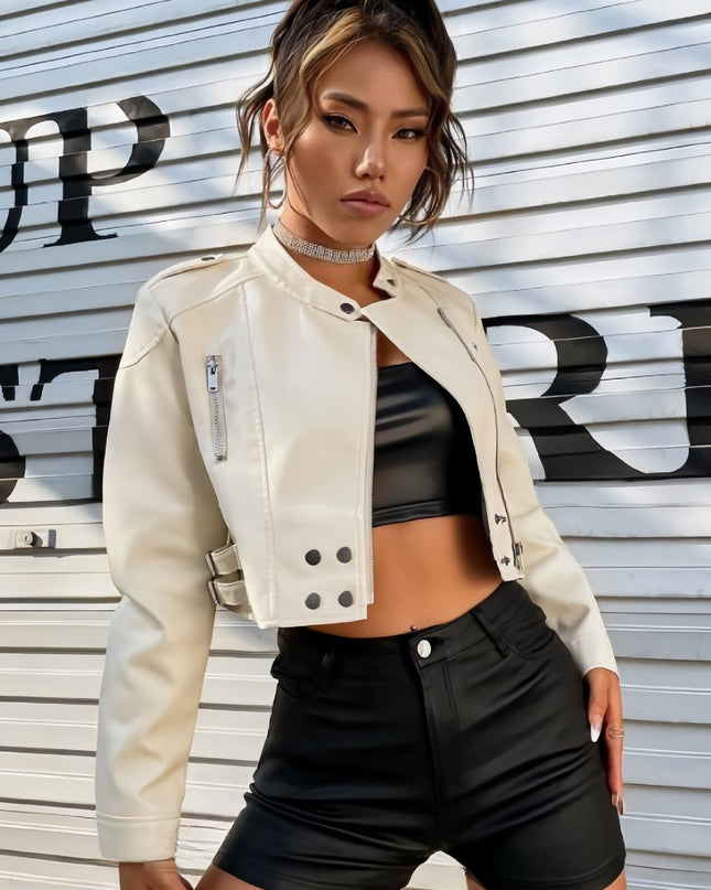 ZASUWA Female Zipper PU With Metal Buttons Faux Leather Jackets