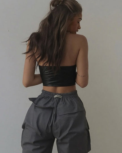 ZASUWA Female Sexy Faux Leather Contrast Color Zipper Tank