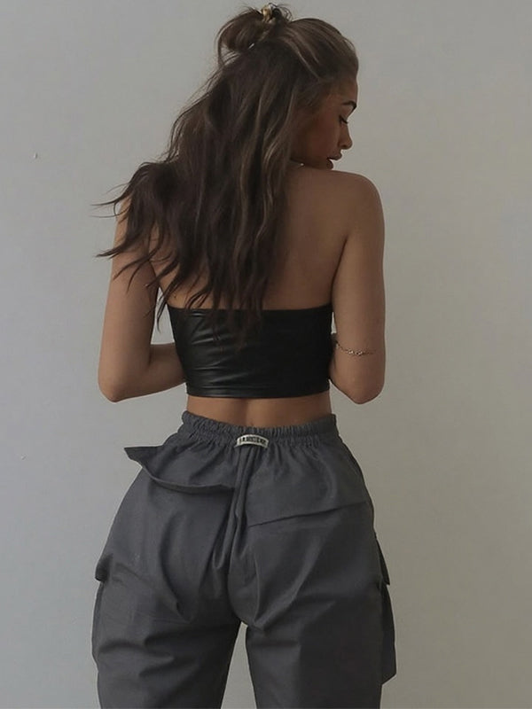 ZASUWA Female Sexy Faux Leather Contrast Color Zipper Tank