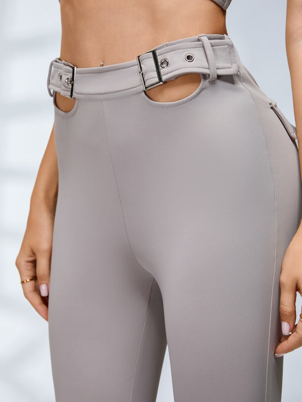 ZASUWA Female Button Cutout Cargo Style Flare Design Leggings