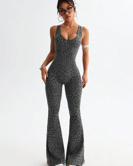 ZASUWA Female Sexy Leopard Print Hollow Out Cross Back Deep V Back Jumpsuit