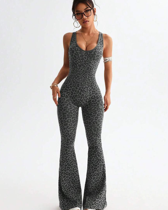 ZASUWA Female Sexy Leopard Print Hollow Out Cross Back Deep V Back Jumpsuit