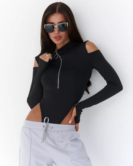 ❤ZASUWA Female Sexy Hollow Out Off Shoulder Zipper Long Sleeve Bodysuit
