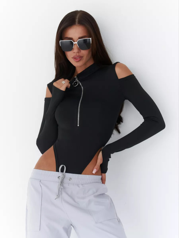 ❤ZASUWA Female Sexy Hollow Out Off Shoulder Zipper Long Sleeve Bodysuit
