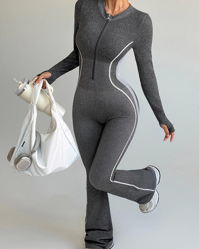 ZASUWA Female Contrast Color Stripes Zipper Peach Booty Jumpsuit