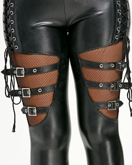 ZASUWA Female Black Net Pu Faux Leather Leggings