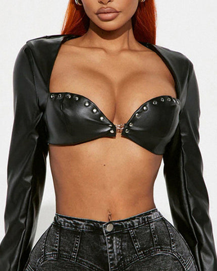 ZASUWA Female Rivet Sexy Glossy Faux Leather Crop Top Long Sleeves