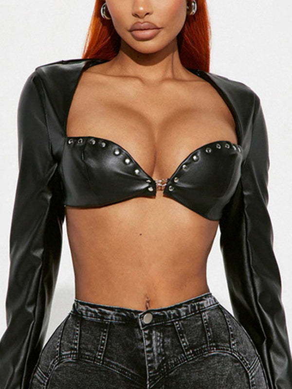 ZASUWA Female Rivet Sexy Glossy Faux Leather Crop Top Long Sleeves