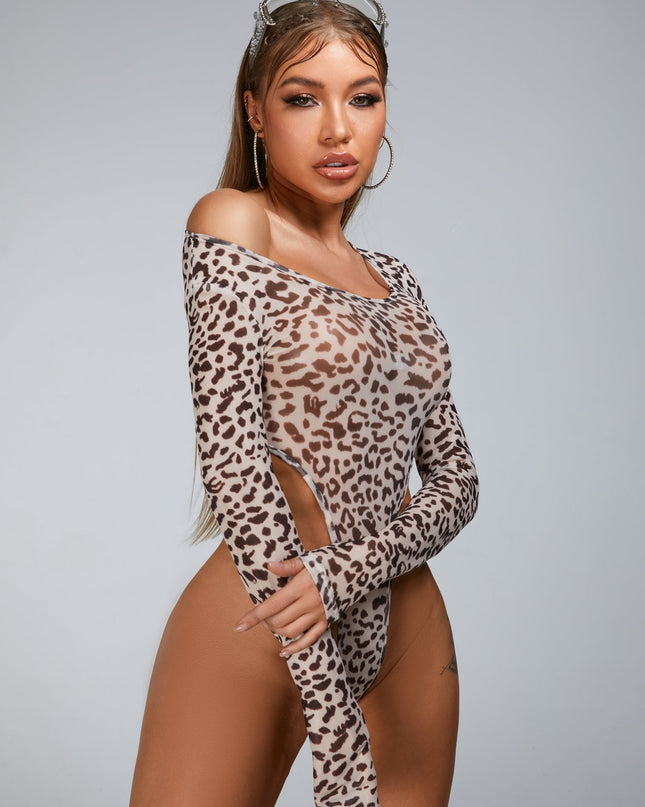 ZASUWA Female Sexy Leopard Print Mesh Bodysuit