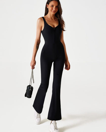 ZASUWA Female Solid Color Zipper Flare Seamless Jumpsuit