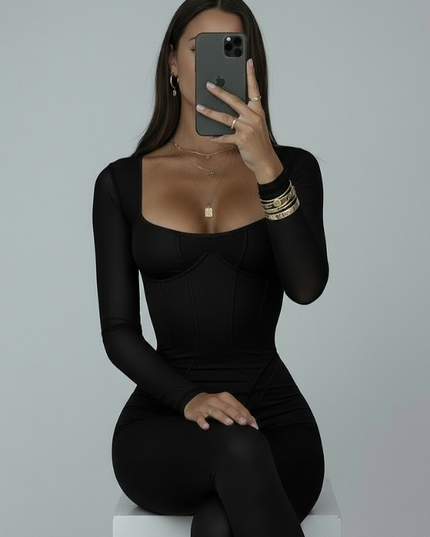 ❤ZASUWA Female Trendy Long-Sleeve Low-Cut Sexy Slim Stretch Jumpsuits