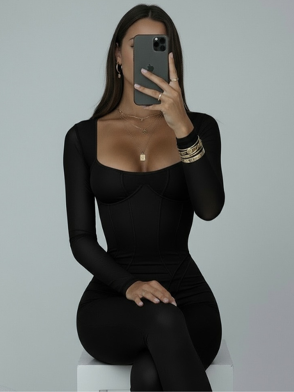 ❤ZASUWA Female Trendy Long-Sleeve Low-Cut Sexy Slim Stretch Jumpsuits