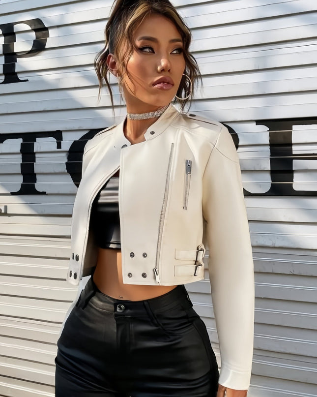 ZASUWA Female Zipper PU With Metal Buttons Faux Leather Jackets