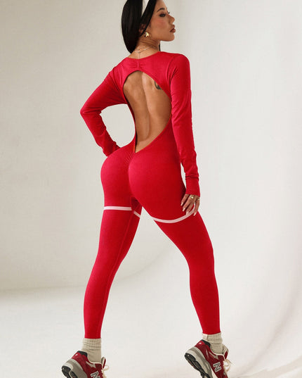 ZASUWA Female Backless Ribbed Deep V Back Long Sleeves Jumpsuit
