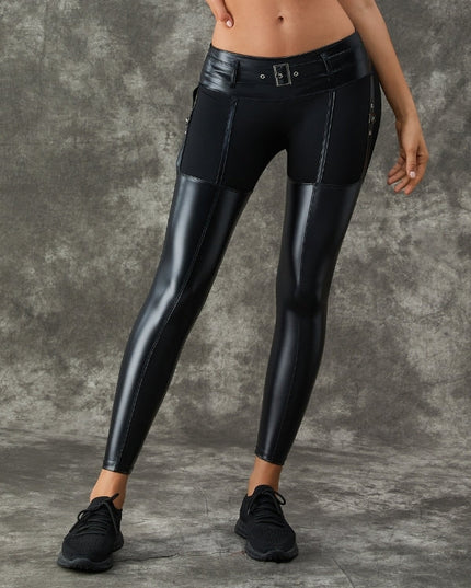 ❤ZASUWA Female PU Glossy Metal Buttons Hip-lift Leggings