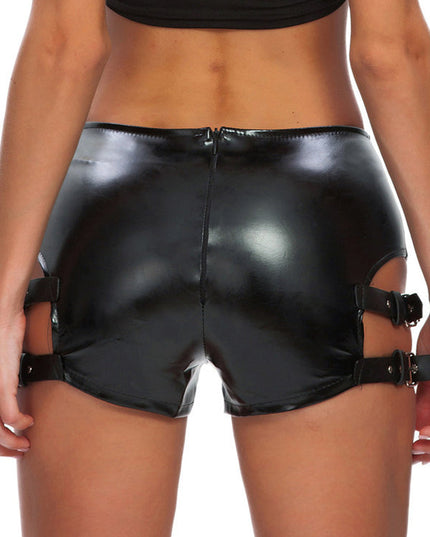 ZASUWA Female Sexy Faux Leather Hollow Out with Metal Booty Shorts