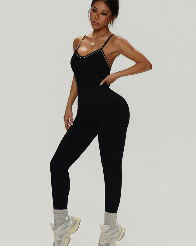 ZASUWA Female Sexy Cross Back Contrast Color Elastic Tight Quick Dry Jumpsuit